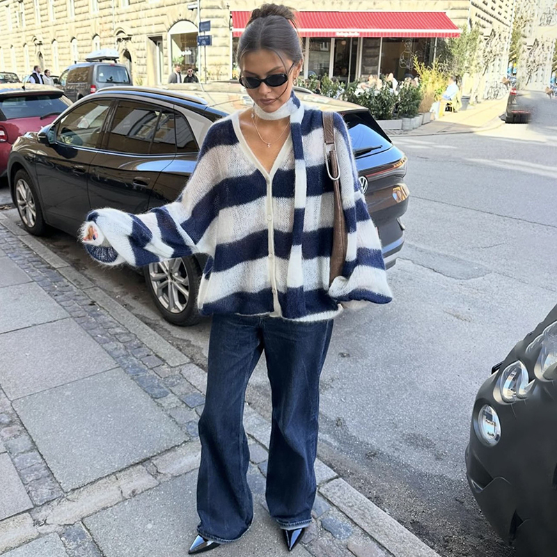 Fashion Striped Sweater Cardigan With Scarf Female Loose Thin Hollow Knitted Lantern Sleeve Contrast Color Retro Top