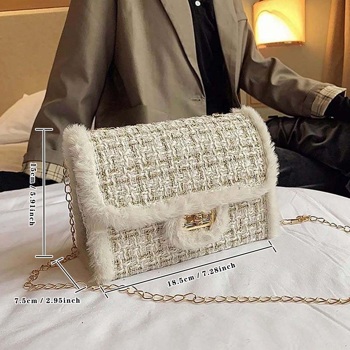 New women s slanted small square fur chain designer shoulder bag elegant women s handbag trendy bag bag