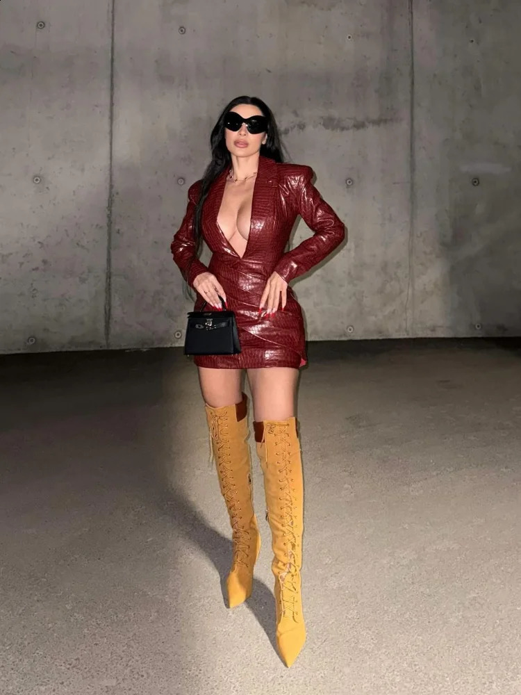 Women Sexy Deep V Red Lattice Leather Mini Dress Fashion Long Sleeve High Waist Fold Slim Dresses Lady Highstreet Short Robe 241210