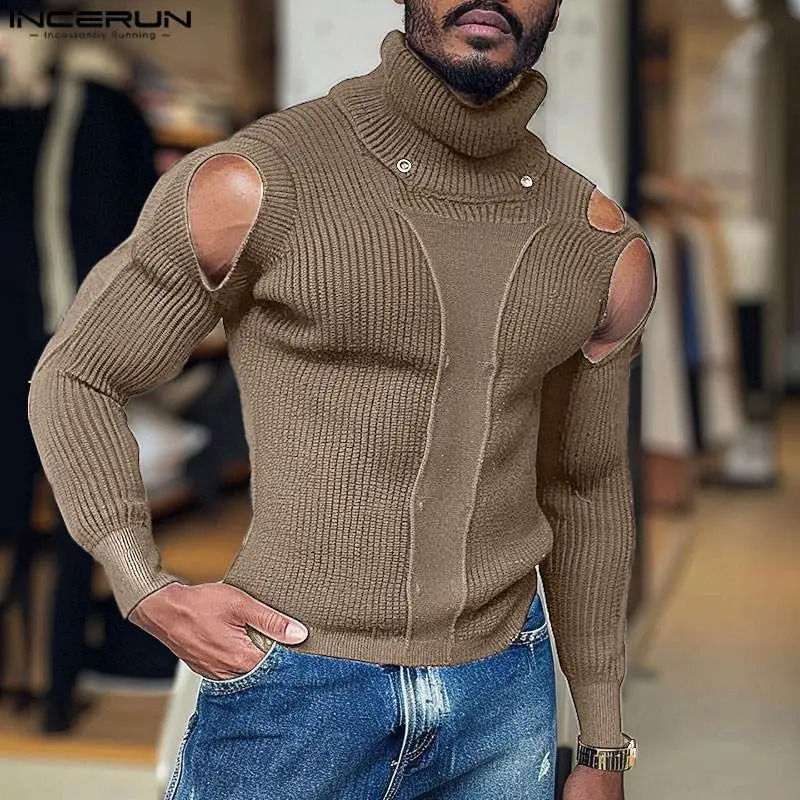 INCERUN Men Sweaters Solid Color Knitted Hollow Out Turtleneck Long Sleeve Pullovers Streetwear Fashion Casual Clothing 241209