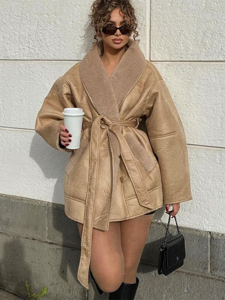 Vintage Women's Faux Leather Jackets With Belt Loose Lapel Pocket Long Sleeve Female Thick Coat Winter Lady Warm Overcoat