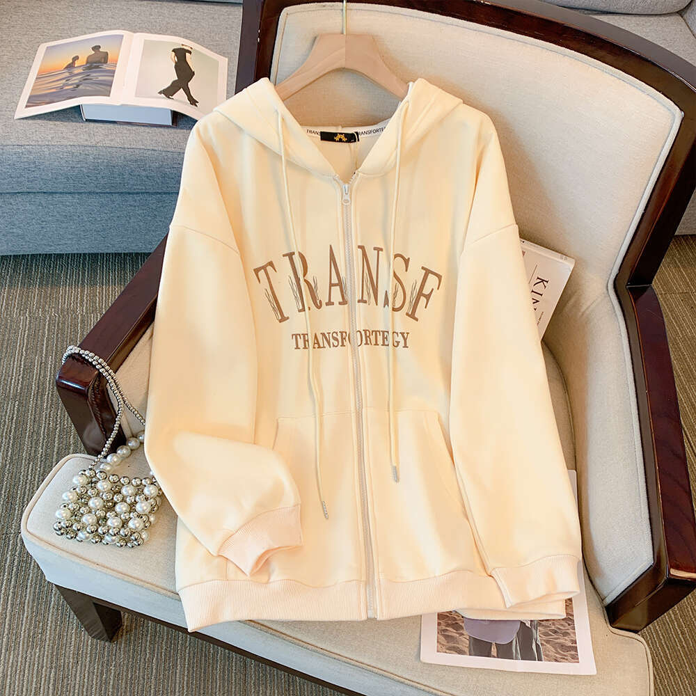 Plus-Size Women's Fall/Winter Casual Commute Loose Comfortable Cotton Jacket Black Letter-Print Zipper Hooded Long-Sleeved Top