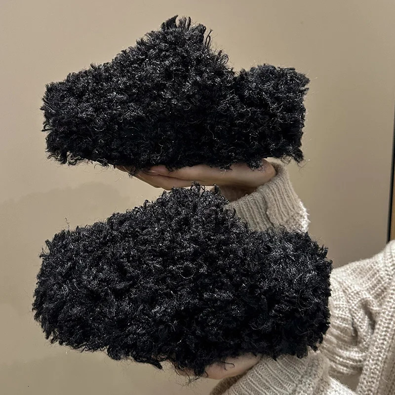 Womens shoe cover toe house slider platform slider wedge-shaped womens shoes fur flip cover er high plush rubber241209bj