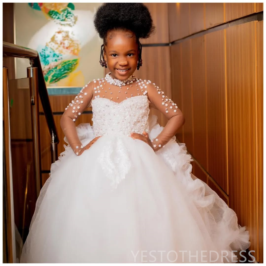 2025 Cute Ivory Flower Girl Dresses Girls Birthday Dress Communion Gowns High Neck Long Sleeves Illusion Pearls Bead Lace Tiered Tulle Princess Marria