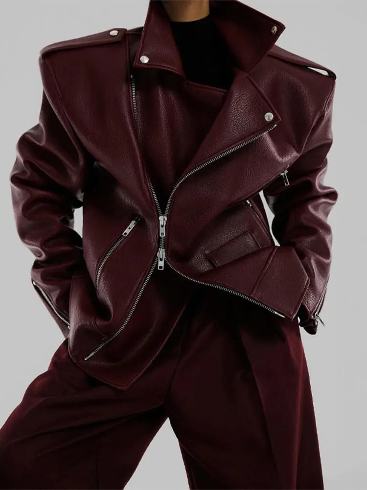 Elegant Women Burgundy Leather Jacket Fashion Lapel Double Zipper Long Sleeves Coats Autumn Chic Lady Commuting Street Outwears 241205