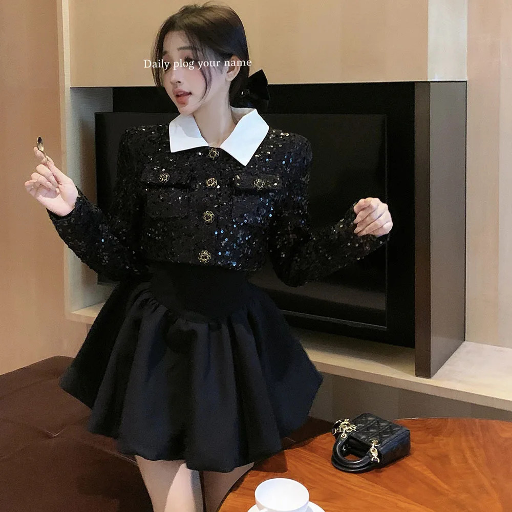 Korean Style Small Fragrance Wind Jackets For Ladies Fashion Sequin Tweed Short Coat Tops Women Spring Autumn y Outerwear 241209