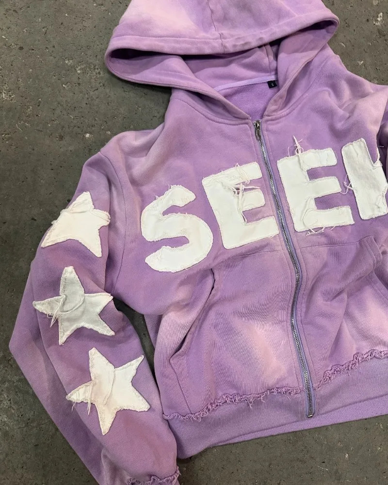 Y2K American Trend Letter Five-pointed Star Patch Embroidery High-quality Hoodie Female Beautiful Joker Fashion Hip Hop Top 241210
