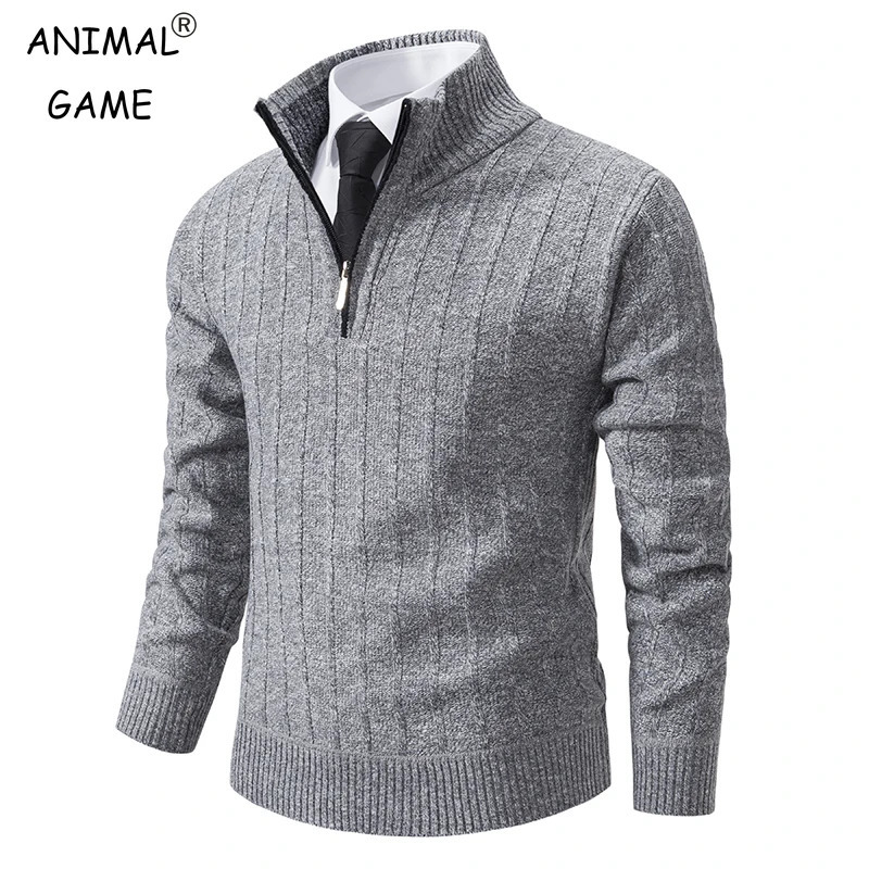 Autumn and Winter Mens Half High Neck Sweater Hick Zipper Pullover Knit Shirt Slim Fit Solid Color Top for Men 241209