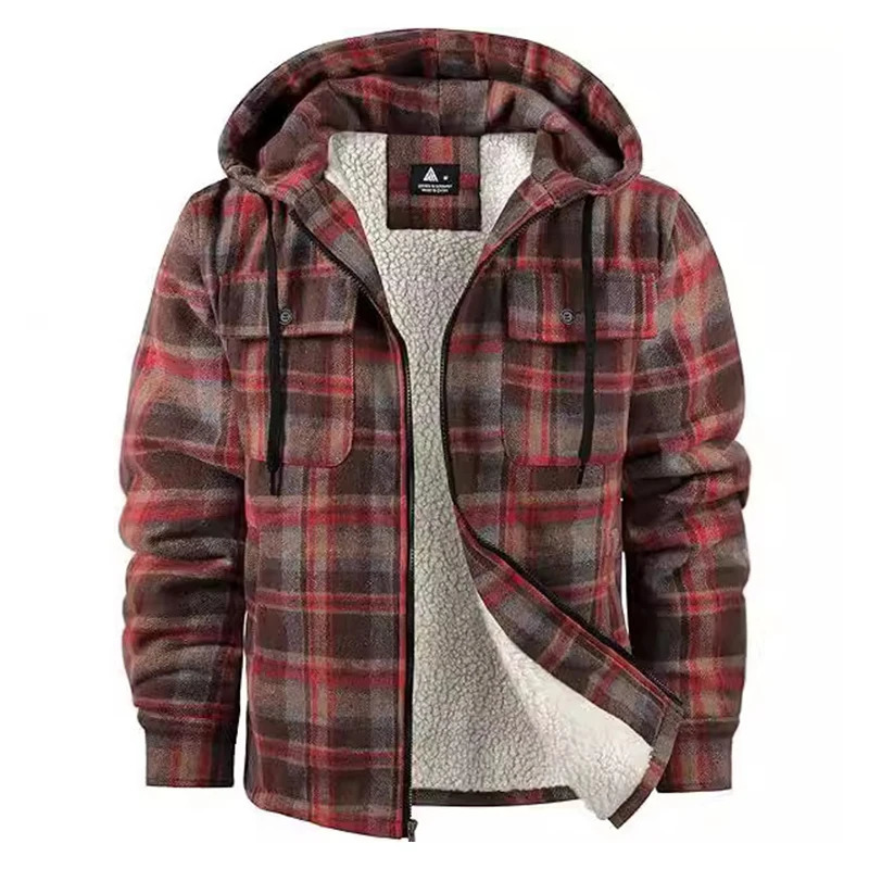 Fall Winter Mens Warm Outerwear Fleece Lining Flannel Plaid Coats For Men Stylish Long Sleeve Zipper Hooded Jacket Coat 241209
