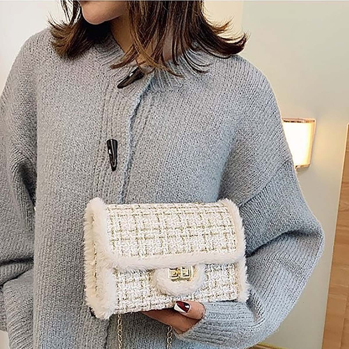 New women s slanted small square fur chain designer shoulder bag elegant women s handbag trendy bag bag
