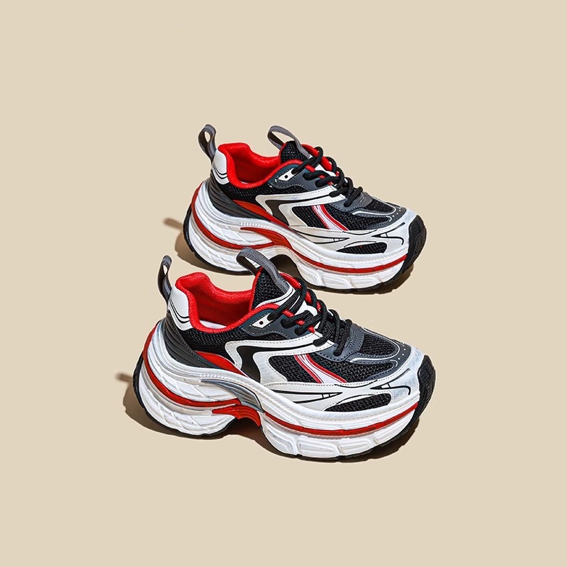 Women Sports Shoes:Paris Vintage Chunky Shoes Trendy Thick Sole Increase Height Popular Athleisure Running Shoes,White/Silver/Red,Free shipping