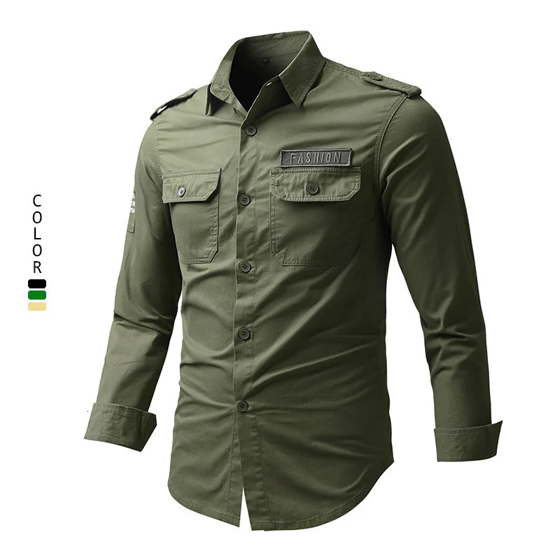 Mens Spring and Autumn Freight Shirt Casual Loose Cotton Embroidered Long Sleeve Outdoor Hiking Military Tactical Tshirt 241209