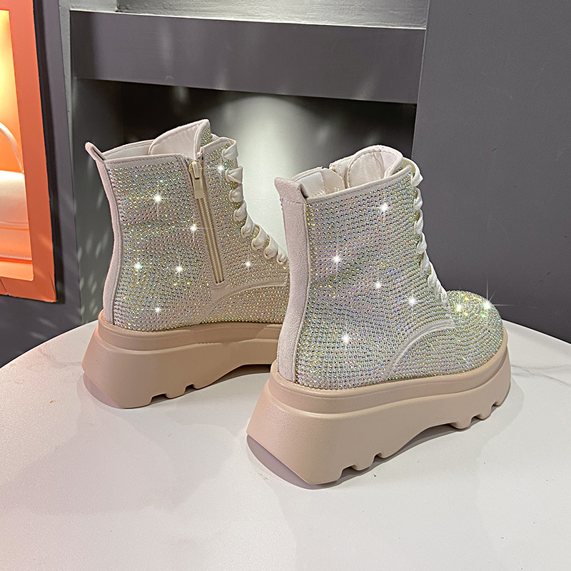 2025 Spring Autumn Thick Bottom Crystal Boots Fashion Shining Crystal Motorcycle Boots Women's Luxury rhinestone Modern Boots Full Diamond Design