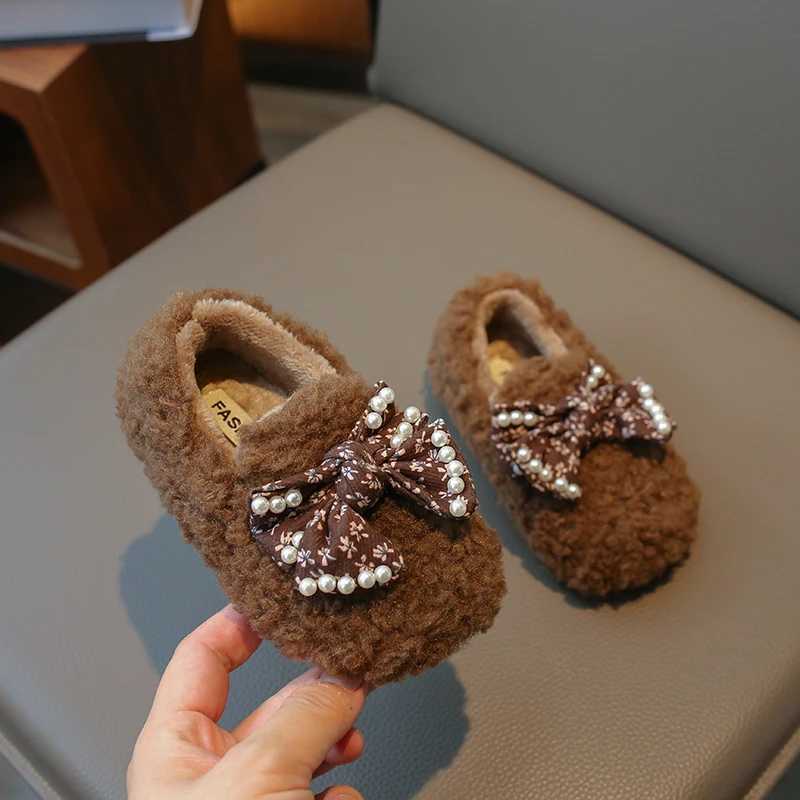 2023 Spring and Autumn Bow Floral Print Girls Cotton Shoes Plush Warm Pearls Children Fashion Shoes French Sle Kids Flats NewXJ241209