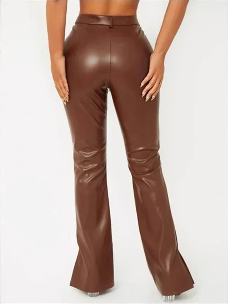 Retro matte leather Trousers high waisted brown elastic PU ultrathin pants with side split hem for womens tight legs customization 241209
