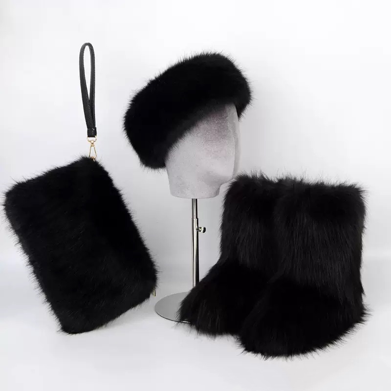 Y2K furry sets Winter Fluffy Snow Boots For Women Faux Fur Ankle Furry Plush Shoe Flat Heel Boot Lady Bag Headband Set