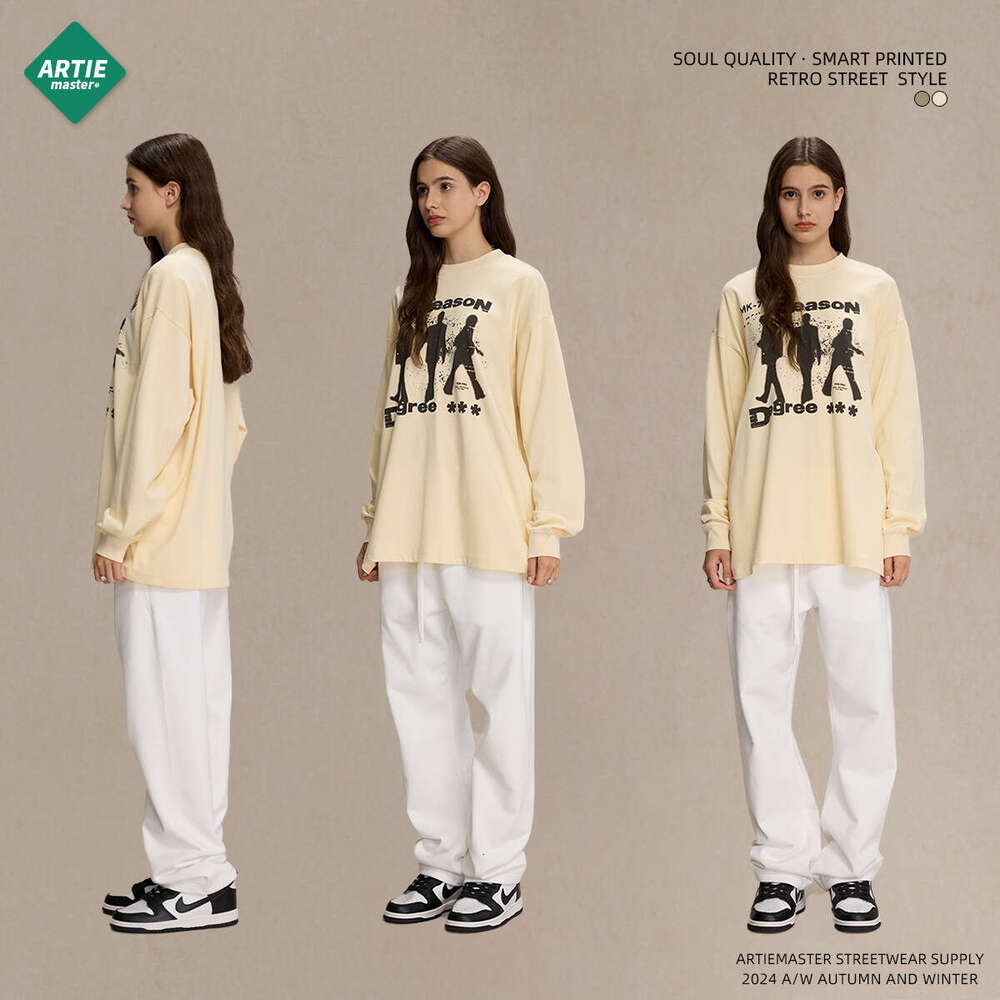 2024 Autumn Thin Printed Men's T-shirt Loose Casual Round Neck Long Sleeve Top Trendy