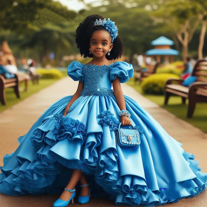 2024 Blue Lace Beaded Flower Girl Dresses Ball Gown Satin Tiers Luxurious Little Girl Christmas Peageant Birthday Christening Tutu Dress Gowns