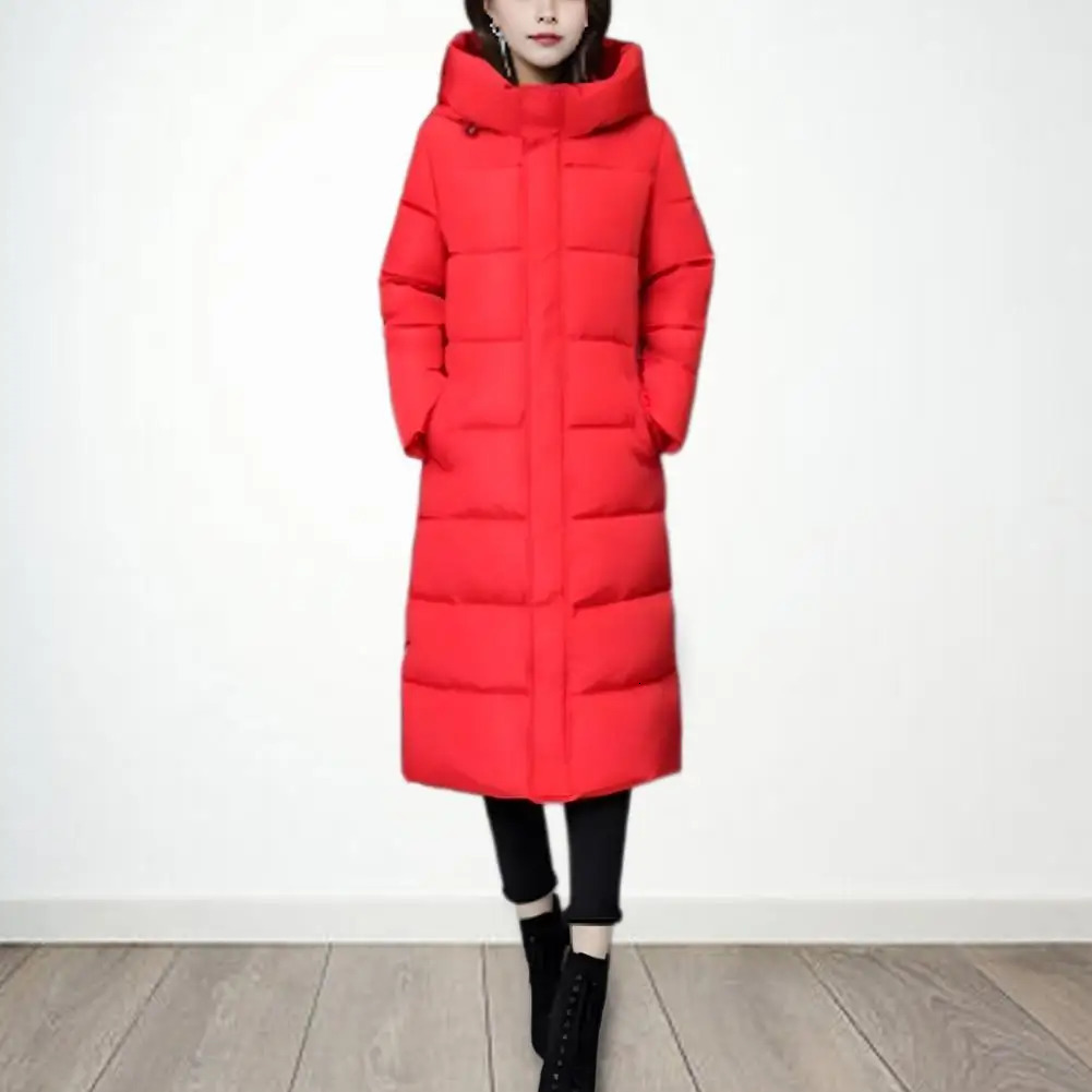 Winter womens long park thick apron buckle collar solid color pocket zipper cotton jacket 241209