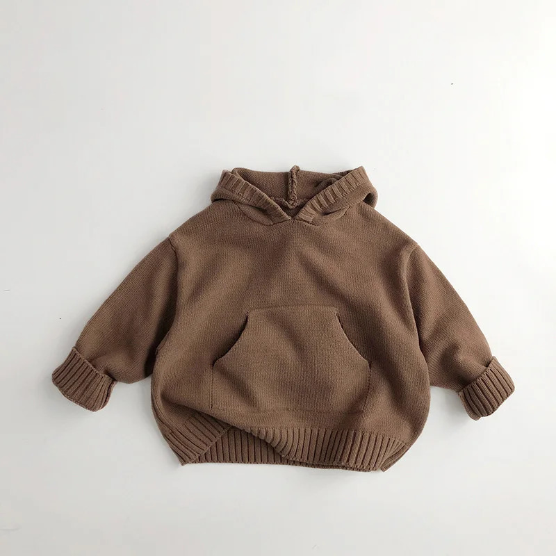 Front pocket fine knit childrens boys and girls sweaters hooded sweatshirts knitted loose style girls hooded childrens knitted jackets 241210
