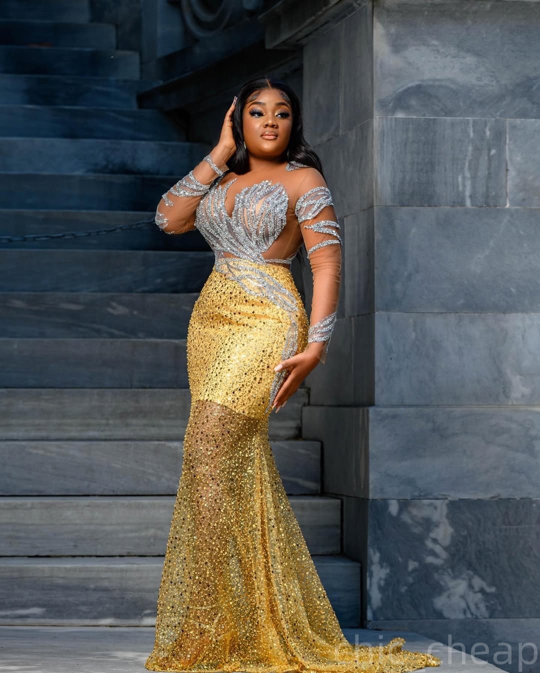Gold Mermaid Prom Dresses 2025 Sequined Full Sleeves Sheer Neck Evening Formal Party Second Birthday Engagement Gowns Plus Size Dress For Special Occa