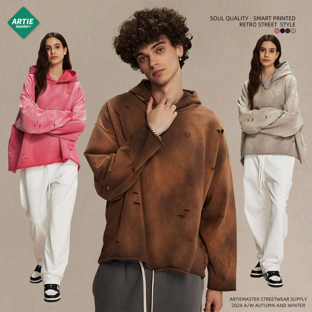 2024 autumn winter new product irregular hole rough edge old washing water spray horse chesut 450g looped men's and women's hooded sweatshir