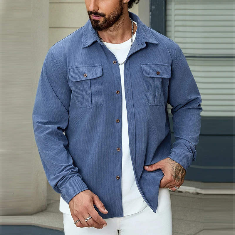 Mens casual Corduroy Cargos pocket shirt button lapel long sleeved solid color texture retro streetwear S3XL 241209