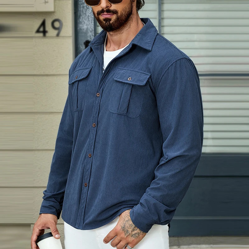 Mens casual Corduroy Cargos pocket shirt button lapel long sleeved solid color texture retro streetwear S3XL 241209