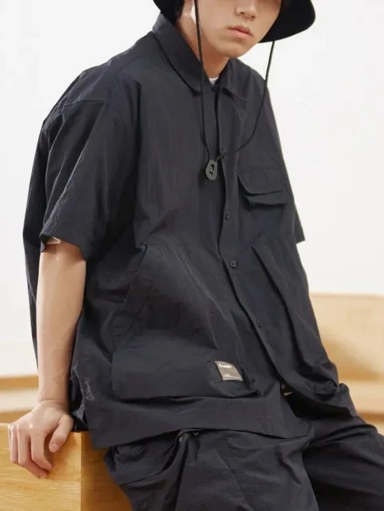 Cityboy Pocket Cargo Shirt Mens 2023 Summer Hunting Style Solid Color Collar Single Chest Short Sleeve Loose 241209