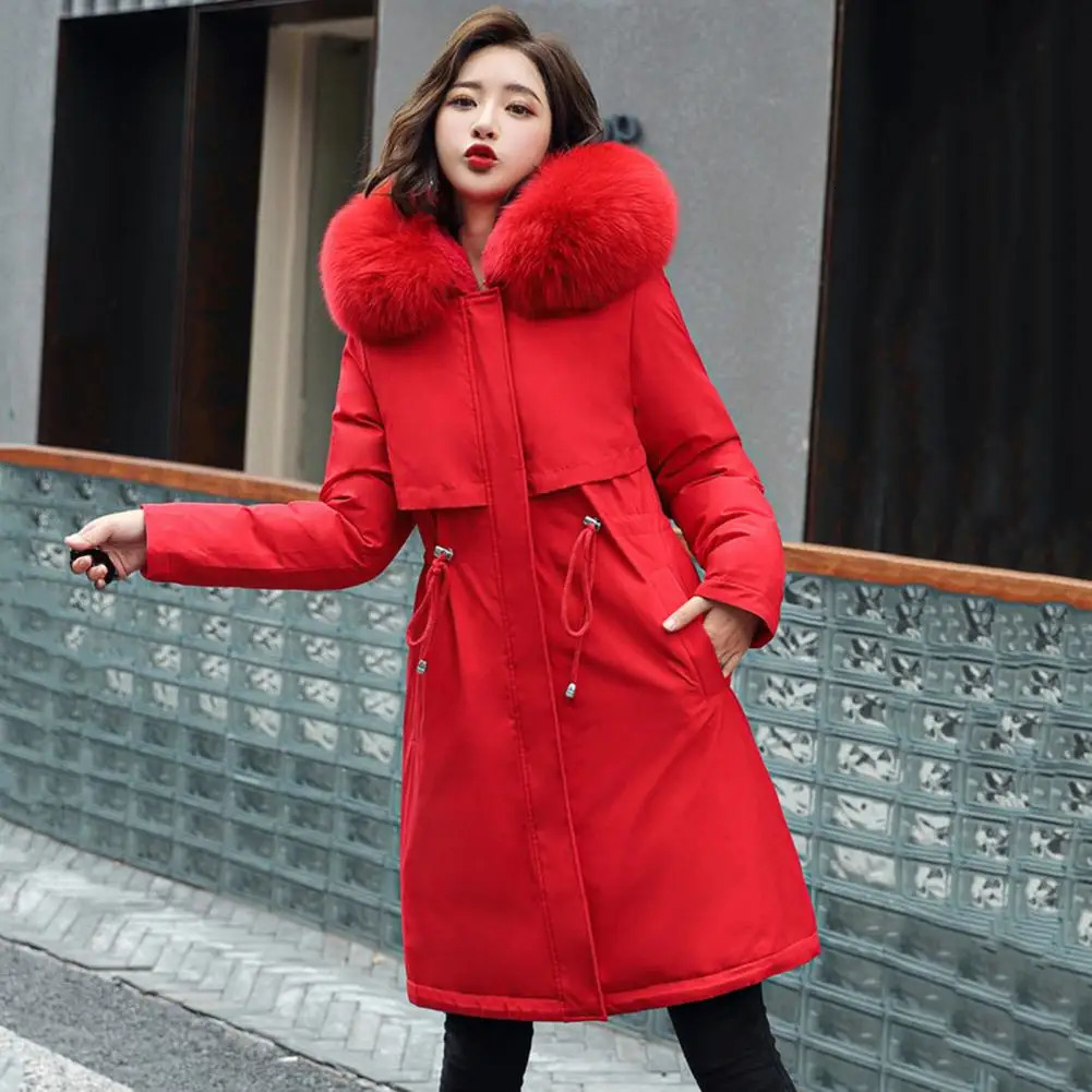 Winter womens long parkour fur cover sleeved pocket knee length jacket thick plush lining zipper button cotton 241209