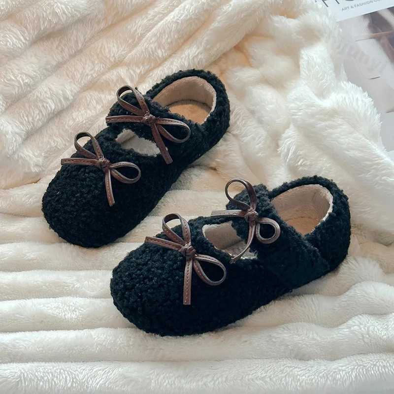 2024 Winter New Children Flats Fur Cover Toe Light Warm Kids Fahsion Bowknot Casual Shoe Plush Non-slip Leisure Mary Jane ShoesXJ241209