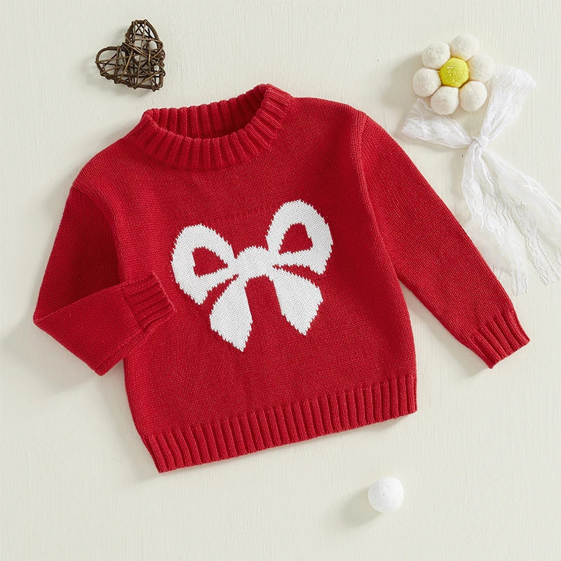 Baby Girl Autumn Winter Sweater Casual Long Sleeve O-Neck Bow Printed Loose Knitted Floral Casual Top Childrens Clothing 241210