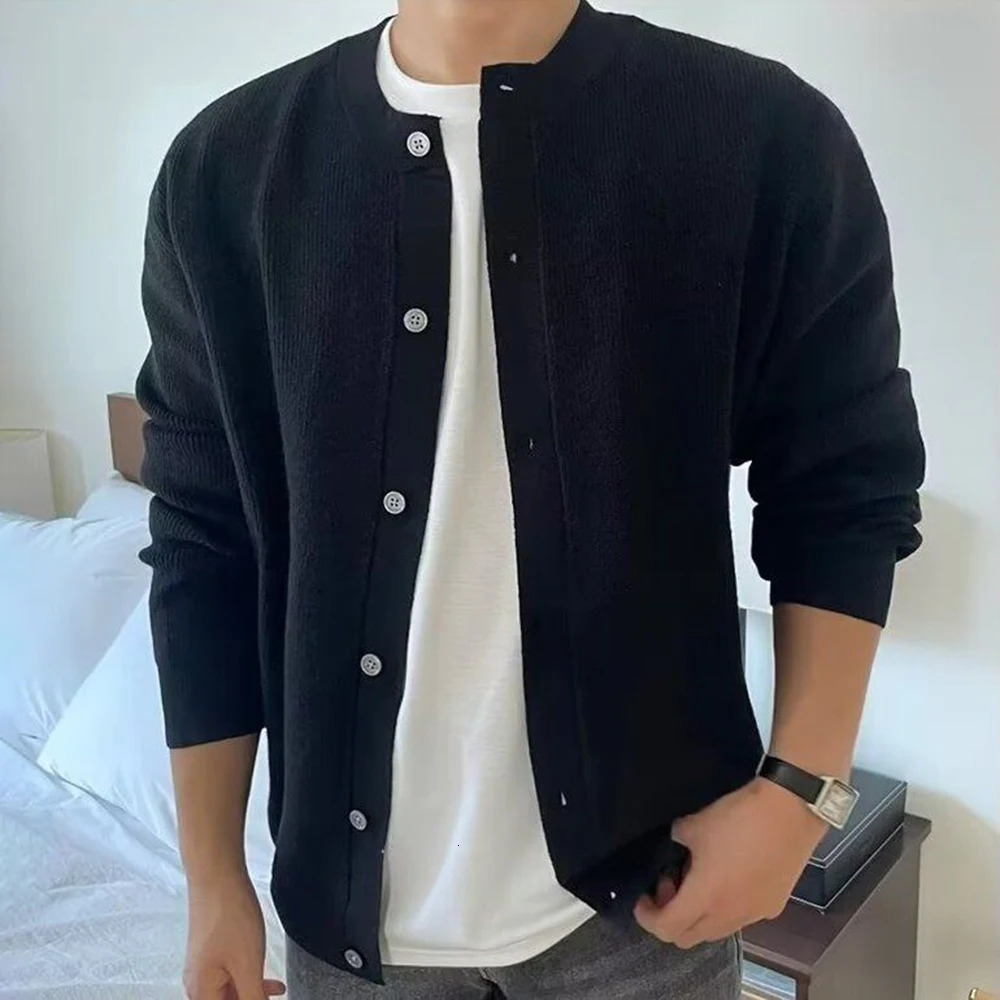 Autumn Winter Mens Simple Sweater Cardigan American Street Fashion Round Neck Zipper Solid Color Warm Knitted Jacket 241202