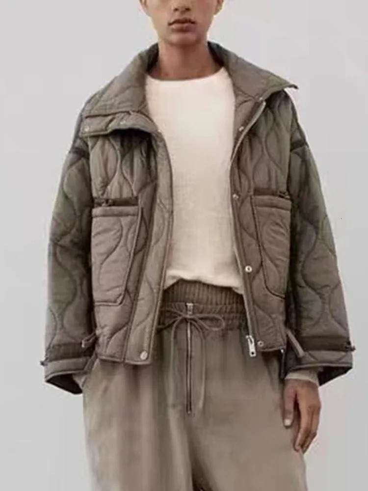 TRAF Womens Fashion Warm Cotton Jacket Fall and Winter Standing Collar Long Sleeve Front Zipper with Buttons Vintage 241209