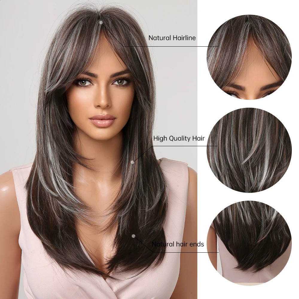 Black brown synthetic natural hair with bangs fashionable high-quality long layered wig suitable for womens daily use heat-resistant 241205