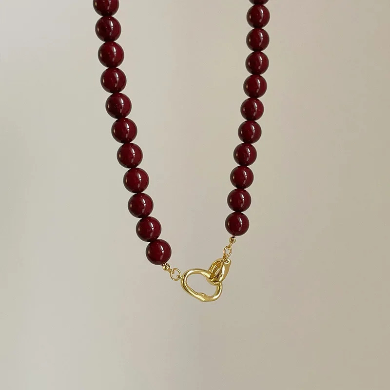 Minar French Dark Red Agate Natural Stone Chain Beaded Necklace Suitable for Women Gold Plated Chain Double Open Buckle Round Necklace 241210