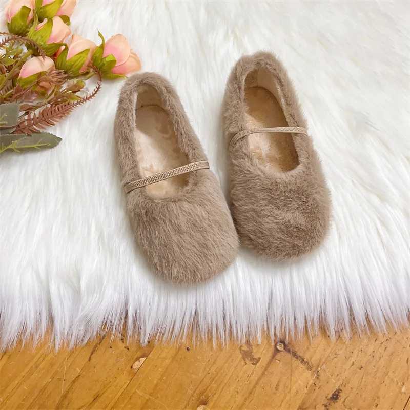 Furry Girls Shoes Soft Sole Comfortable Ballet Flats Elegant Plush Shallow Kids Princess Shoes Versatile Child Mary Janes XJ241209