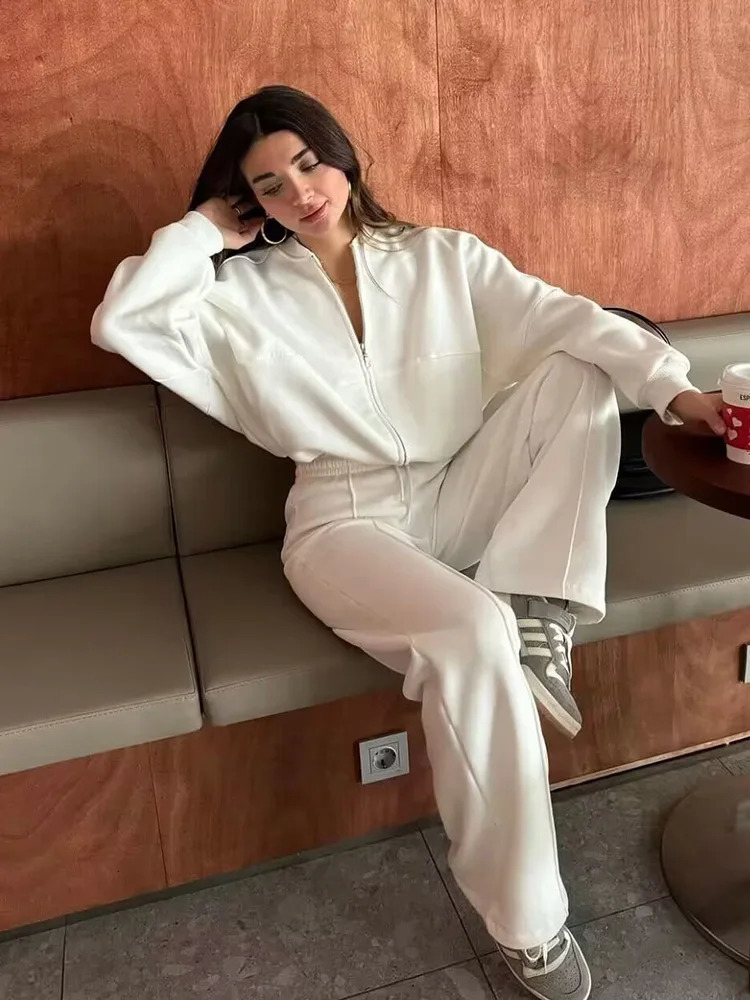 HH TRAF Bomber Jacket Pant Set For Women Casual Long Sleeve Zipper Coat Vintage Solid Sweatshirt Suit Autumn Woman Streetwear 241209