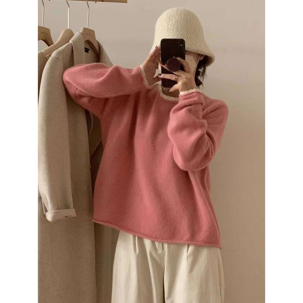 Korean fashion 2022 autumn and winter new item soft glutinous lace border raccoon fur knitted women, solid color base sweater for women