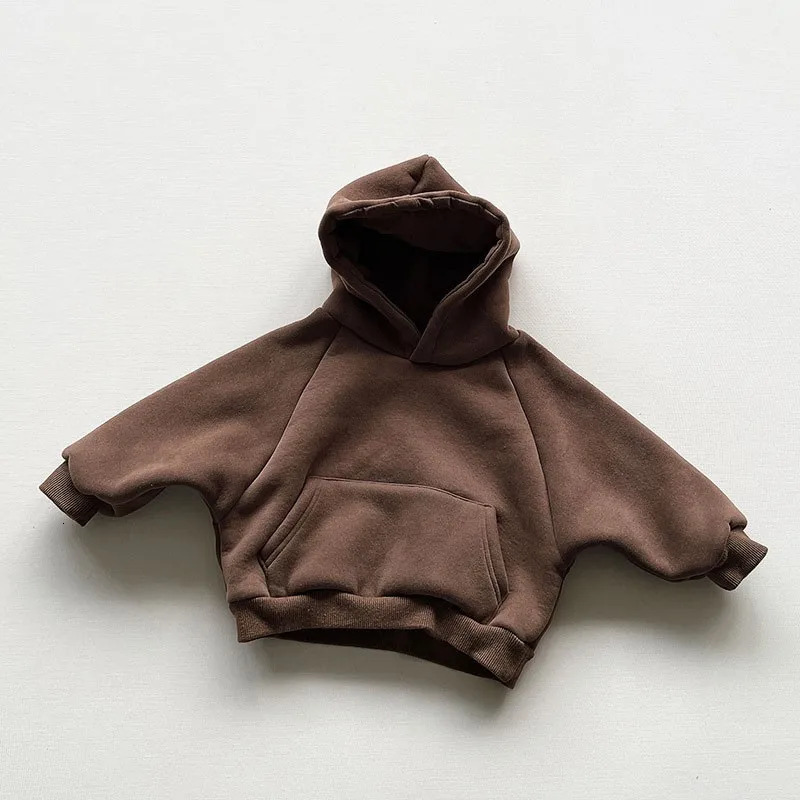 Winter Wool Solid Hoodie Baby Boys Casual Loose Pocket Full Match Hoodie Girls Simple Thick Zipper Cotton Dress 241210