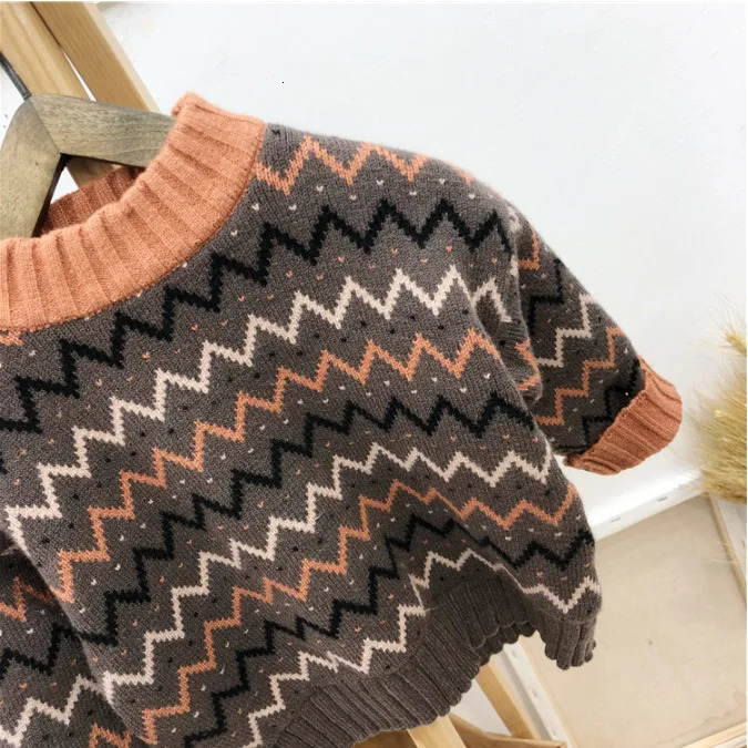 Autumn and Winter Baby Boy Sweater Cotton Wave Stripe Long Sleeve Baby Boy Pulling Rope Round Neck Velvet Preschool Boy Knitted 241210