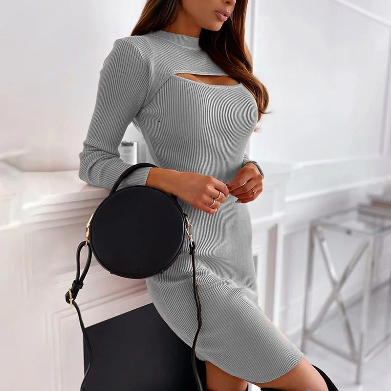 Fashionable and Sexy Chest Hollow Out Long Sleeved Dress Solid Color and Sexy Slim Fit Dress 241206