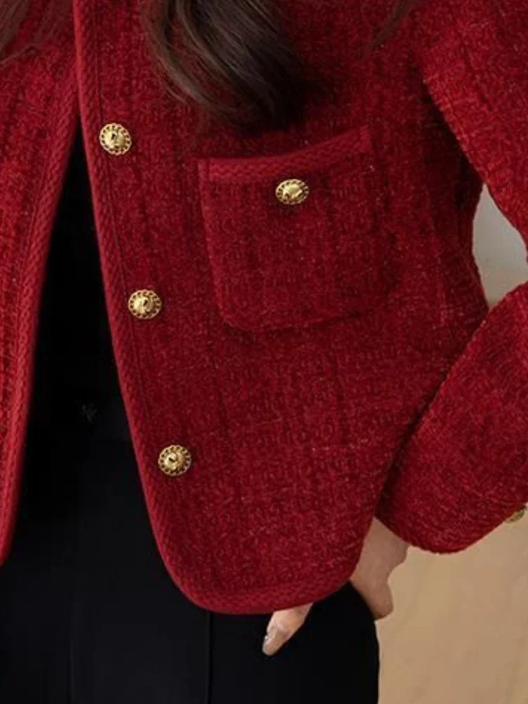 Wine Red Womens Jackets Autumn and Winter Metal Buckle Short Women Coat Korean Fashion Slim Elegant Tweed 241209