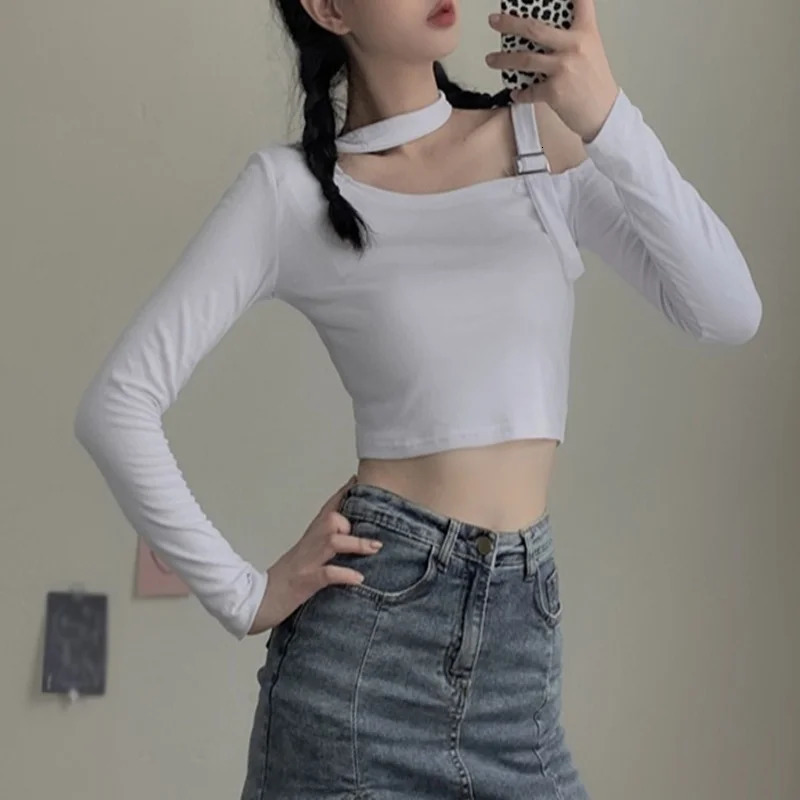 Womens asymmetrical single shoulder cut Tshirt with top hanger long sleeved 241209