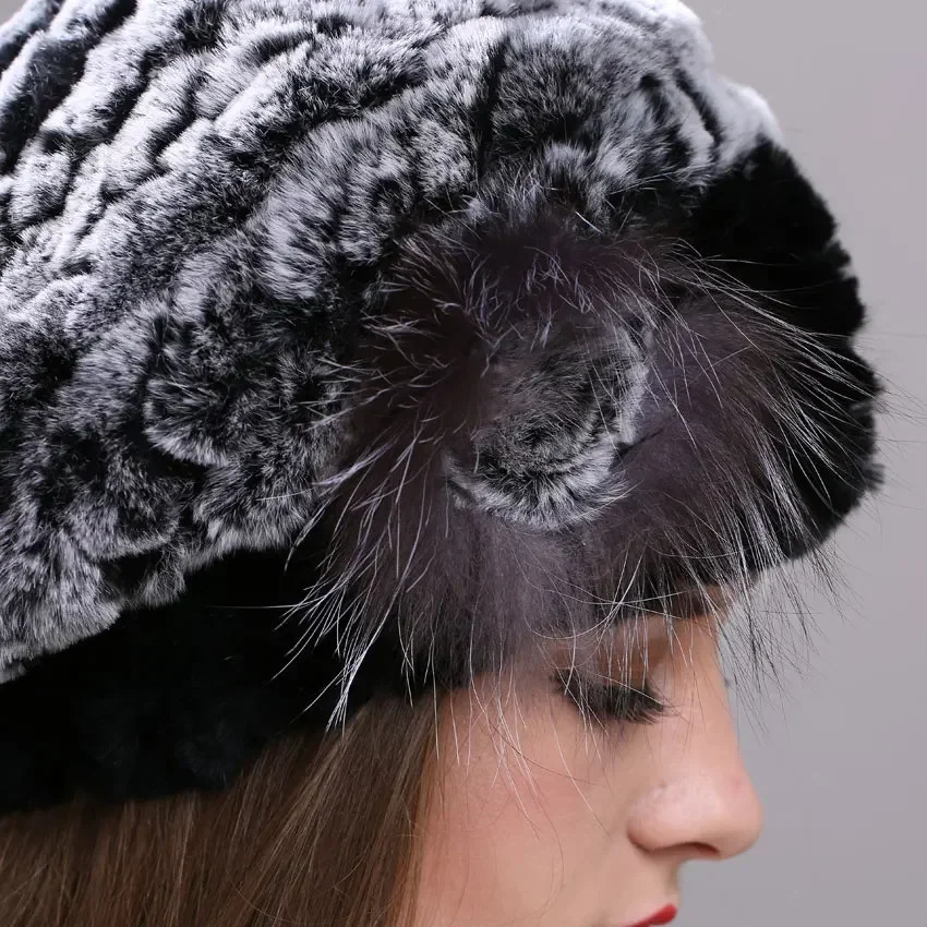 Womens Beret Genuine Rex Rabbit Fur Leather Hat Elegant Fur Leather Hat Wholesale Elastic Knitted Headwear Hat Winter Womens Fur Hat 241209