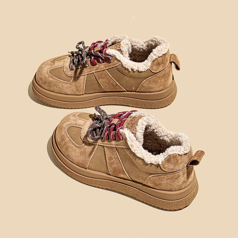 Women Casual Shoes:Fleece Short Snow Boots Low-top Winter New Thick Sole Retro Style Lamb Fashion Plush Cotton Shoes,Apricot/Brown,Free shipping