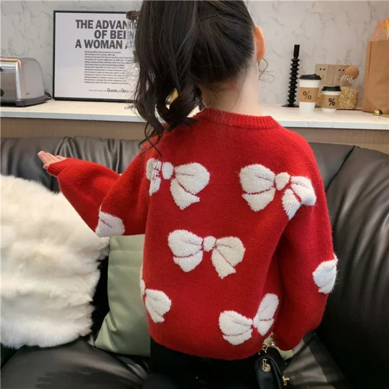 Girls sweaters fashionable childrens clothing plush knitted winter clothing girls red Christmas thick sweaters children 8 10 14 years old 241210