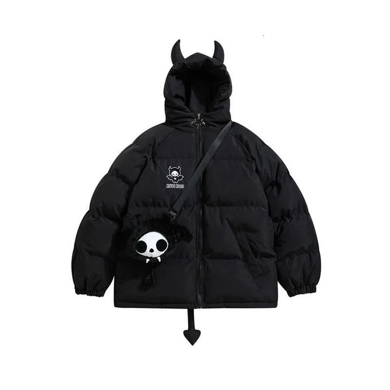 Women Black Gothic Thicken Parkas Jacket Hip Hop Devil Horns Wing Couple Hooded Padded Streetwear Emo Coat Winter Clothes 241209