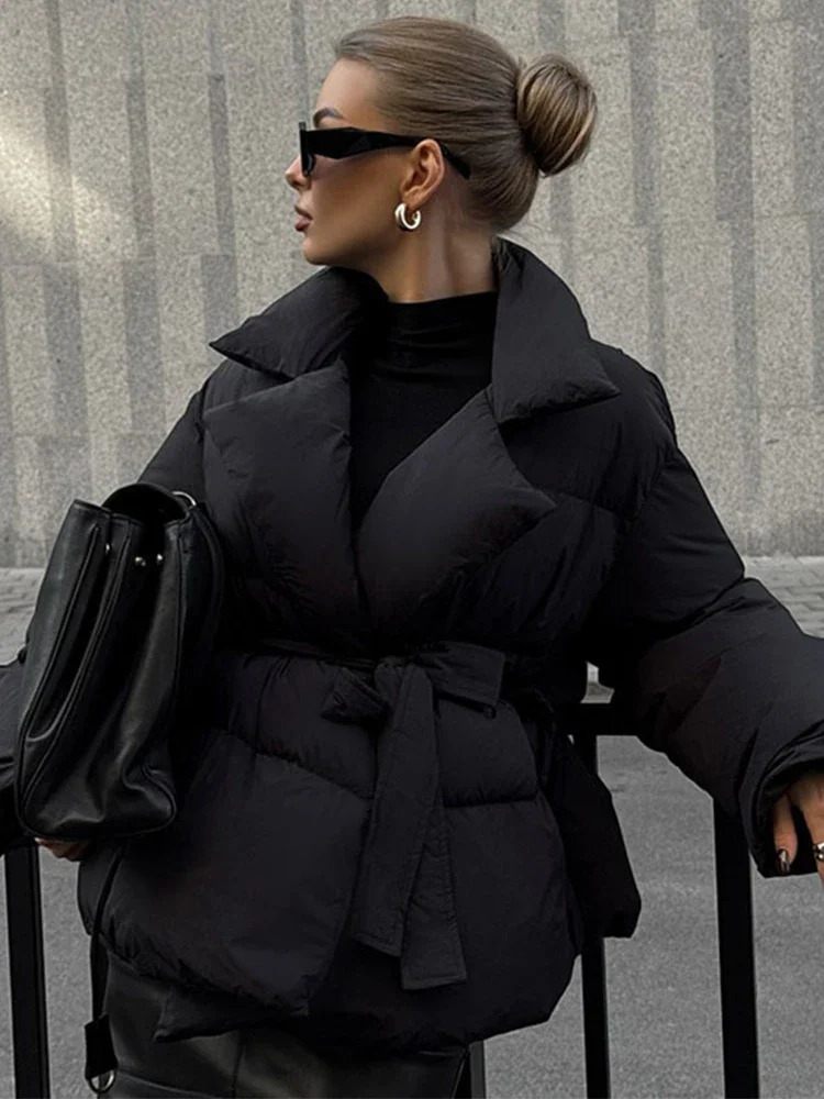 Fashion Lace Up Cotton Parka Coats For Women Elegant Turn Down Collar Thicken Jacket With Belt Winter Long Sleeve Female Outwear 241209