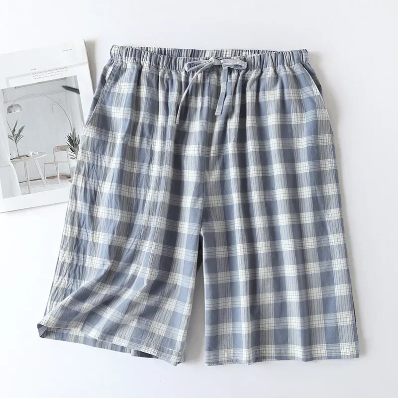 Flat weave n pajamas mens shorts summer thin cotton loose doublelayer casual wear wearing checkered Pj pants 241209
